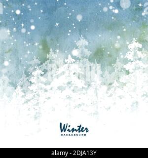 Winter christmas card hand-painted watercolor. Conifer artwork with star snowflakes and snowfalls on stain watercolor background. Stock Vector