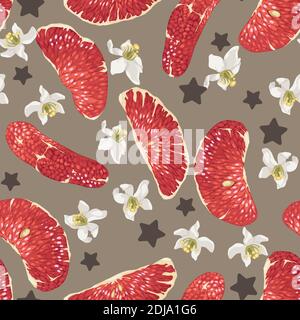 Seamless pattern with red citrus fruit slices, flowers and stars in vector grapghic design illustration Stock Vector
