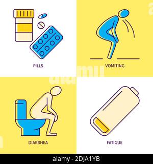 Stomach problems icon set in line style. Diarrhoeal diseases symptoms - diarrhea, vomiting and fatigue. Vector illustration. Stock Vector