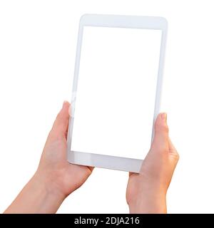 Digital tablet in hands. Isolated on white background Stock Photo
