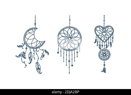 Boho dreamcatchers with feathers and arrow. Doodle set of dreamcatchers in shape of crescent moon, heart and circle. Vector illustration in doodle Stock Vector