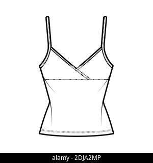 Camisole surplice tank cotton-jersey top technical fashion illustration with empire seam, thin adjustable straps, slim fit. Flat outwear template front, white color. Women men CAD mockup Stock Vector