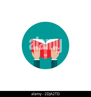 Businessman hands hold red open book in blue circle. Flat reading icon. Vector illustration. Education, study, advanced training. Knowledge, expert, s Stock Vector