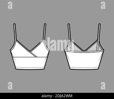 Crop Camisole surplice tank cotton-jersey top technical fashion illustration with empire seam, thin adjustable straps, slim fit. Flat outwear template front, back, white color. Women men CAD mockup Stock Vector