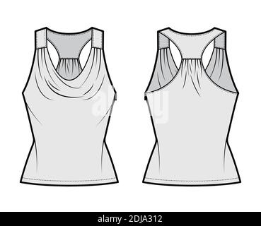 Tank racerback cowl top technical fashion illustration with ruching, fitted body, tunic length. Flat apparel outwear shirt template front, back, grey color. Women, men unisex CAD mockup Stock Vector