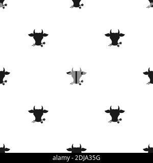 Seamless ornament with cow head with flowers pattern. Farm Animal. Beef, milk, lactose wallpaper. Vector illustration isolated on white Stock Vector