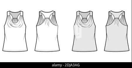 Tank racerback cowl top technical fashion illustration with ruching, oversized, tunic length. Flat apparel outwear shirt template front, back, white grey color. Women, men unisex CAD mockup Stock Vector