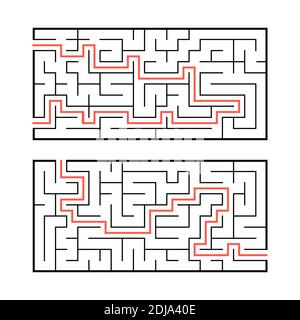 A set of two rectangular labyrinths. Simple flat vector illustration isolated on white background. With the answer Stock Vector