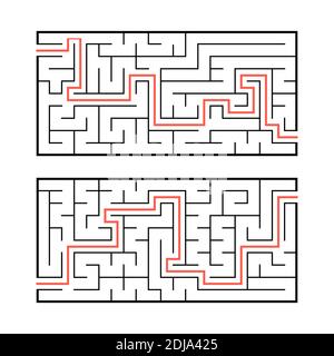 A set of two rectangular labyrinths. Simple flat vector illustration isolated on white background. With the answer Stock Vector