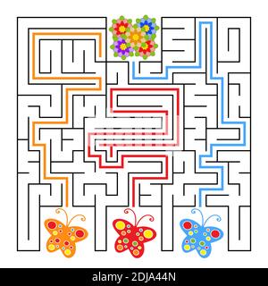 A square labyrinth. What butterfly will fly to the flower. Simple flat isolated vector illustration. With the answer Stock Vector