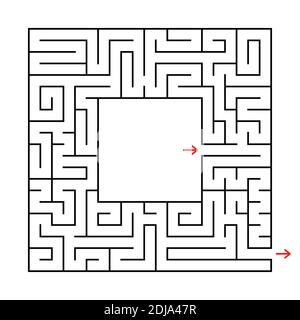 A square labyrinth. Find the way out from the center. Simple flat vector illustration isolated on white background. With a place for your image Stock Vector