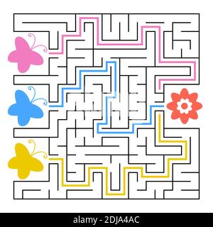 A square labyrinth. What butterfly will fly to the flower. Simple flat isolated vector illustration. With the answer Stock Vector