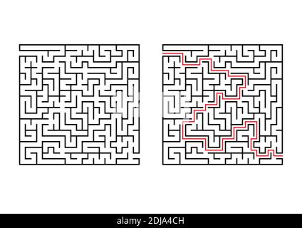 Abstract square maze. Simple flat vector illustration isolated on white background. With the answer Stock Vector