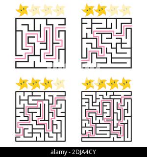 A square labyrinth with an entrance and an exit. A set of four options from simple to complex. Rated from the cute stars. Vector illustration isolated Stock Vector