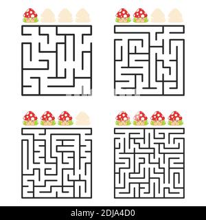 A square labyrinth with an entrance and an exit. A set of four options from simple to complex. With a rating of cute cartoon mushrooms. Vector illustr Stock Vector