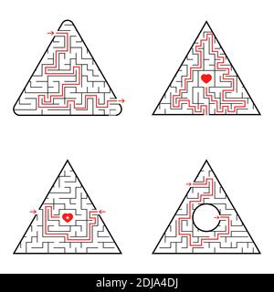 Triangular labyrinth. A set of four options. Simple flat vector illustration isolated on white background. With the answer Stock Vector