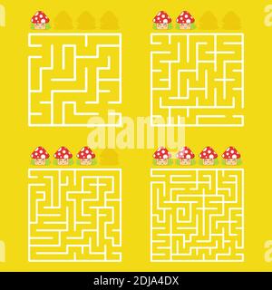 A square labyrinth with an entrance and an exit. A set of four options from simple to complex. With a rating of cute cartoon mushrooms. Vector illustr Stock Vector