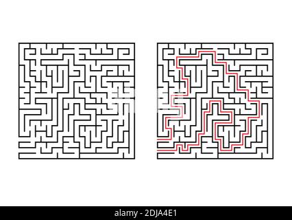 Abstract square maze. Simple flat vector illustration isolated on white background. With the answer Stock Vector