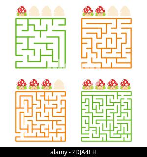 A square labyrinth with an entrance and an exit. A set of four options from simple to complex. With a rating of cute cartoon mushrooms. Vector illustr Stock Vector