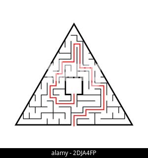 Triangular labyrinth with an input and an exit. A simple flat vector illustration isolated on a pink background. With the answer Stock Vector