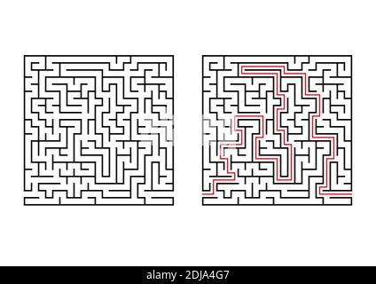 Abstract square maze. Simple flat vector illustration isolated on white background. With the answer Stock Vector