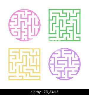 A set of colored labyrinths for children. A square, round maze. Simple flat vector illustration isolated on white background Stock Vector
