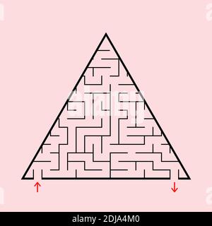Triangular labyrinth with an input and an exit. A simple flat vector illustration isolated on a pink background Stock Vector