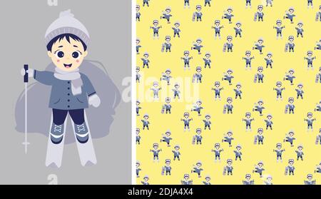 Kids winter. Seamless patterns and postcard with boy skier. Children go ice skating, skiing and snowboarding on a yellow background. Winter sports. Ve Stock Vector