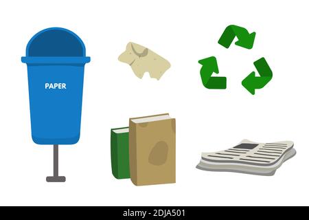 Waste sorting set vector illustration. Blue dumpster bin for paper. Newspaper, book, leaflet, cellulose Stock Vector
