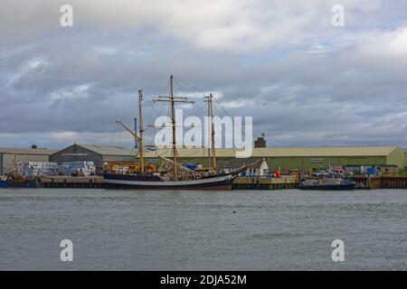 The Pelican of London a Class A Tall Ship alongside the quay at the Port of Montrose in Angus, on the East Coast of Scotland. Stock Photo