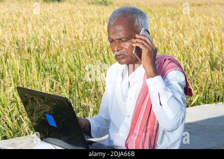 Indian farmer talking on mobile phone while busy looking into laptop near the agriculture farmland - concept of farmer using technology, internet in r Stock Photo
