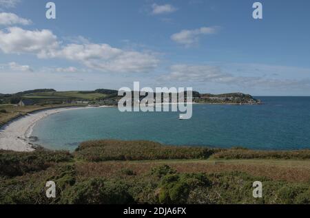 Aerial View of Old Grimsby Bay, Harbour and Beach on the Island of Tresco in the Isles of Scilly, England, UK Stock Photo