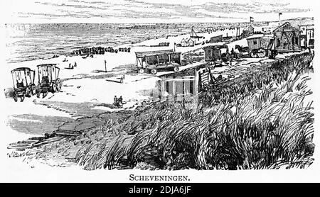 Engraving of people enjoying the day at Scheveningen beach, The Hague, in the Netherlands, circa 1880 Stock Photo