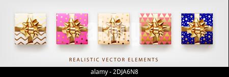 Collection of gift presents with golden foil bow. Set of 3d realistic gift boxes with pattern white, pink, beige, blue colors. Stock Vector