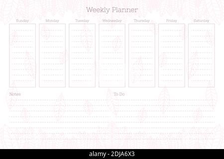 weekly personal planner diary template in cute pink abstract style. Private schedule gentle minimalism design for diary notebook. Week starts on sunda Stock Vector