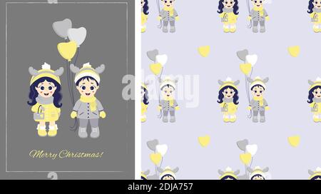 Kids winter. Seamless patterns and greeting card Merry Christmas. Couple - a boy and a girl with deer antlers on their heads and with balloons in wint Stock Vector