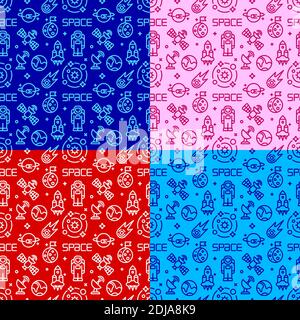 Illustration of the space symbols seamless patterns in outline style Stock Vector