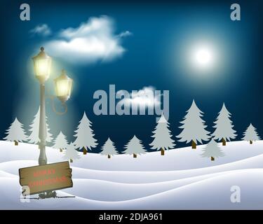 Winter Christmas motive, vintage lantern in snowy nature with big moon in background, vector illustration, eps 10 with transparency and gradient mesh Stock Vector