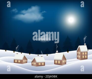 Vector image of small hut wooden house in christmas winter night Stock Vector