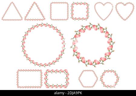 Floral frame set for celebration design with pink flowers. Romantic Vector template. Wedding invitation elements. Six shape collections - round, square, heart, rectangle, heaxagon, triangle. Stock Vector