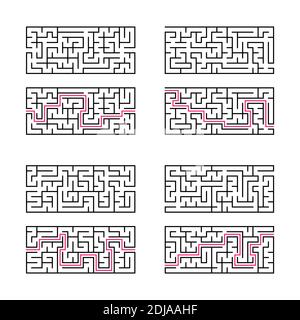 A set of four rectangular labyrinths. A game for children. Simple flat vector illustration isolated on white background. With the answer Stock Vector