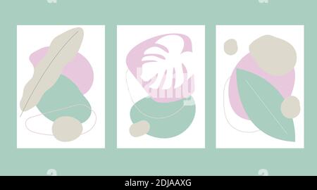 Set of posters with abstract shapes and leaves Stock Vector