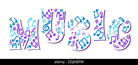 Abstract Music banner. Vector concept. Text music with notes. Isolated On white background. Stock Vector