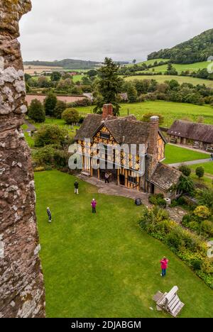 17th century timber framed gatehouse at Stokesay Castle, Shropshire, UK; view from the castle battlements. Stock Photo