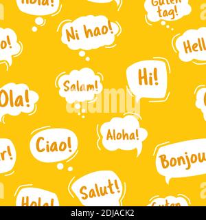Pattern with Speech Bubble. Hello, in different languages of the world. Hand drawn doodle talking bubbles. Bright yellow Seamless pattern. Vector illu Stock Vector