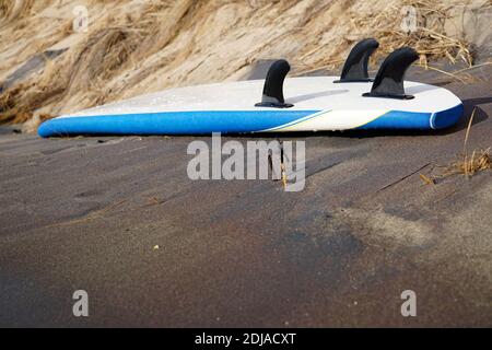 Wet blue and white sup-board lying on the sandy beach with black fins up. Drops of water on the surface the desk. USA, Michigan, Holland Stock Photo