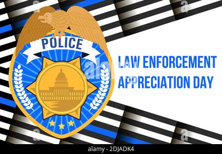 Law Enforcement Appreciation Day is celebrated in USA on January 9th each year. Police department badge, sheriff shield is shown. Flat vector with for Stock Vector