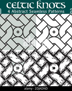 4 different versions of a seamless pattern with Celtic knots: with white filling, without filling, with shadows and with a black background. Stock Vector