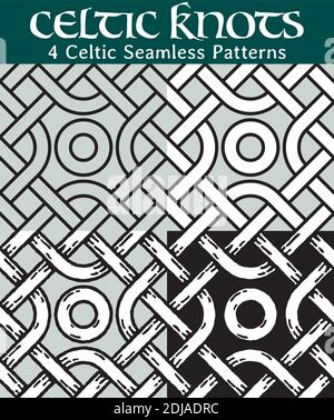 4 different versions of a seamless pattern with Celtic knots: with white filling, without filling, with shadows and with a black background. Stock Vector