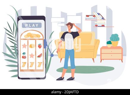 Flat cartoon character plays online casino, vector illustration concept Stock Vector